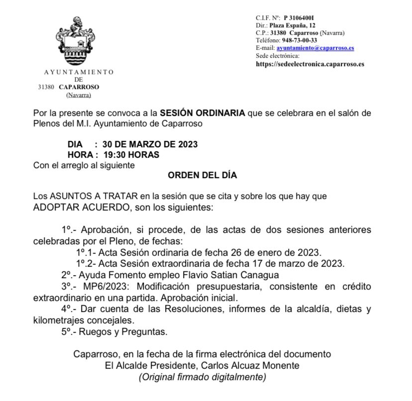 📌 Esta tarde, a las 19,30h, SESIÓN ORDINARIA en el Salón de Plenos del Ayuntamiento de Caparroso con el siguiente orden del día: