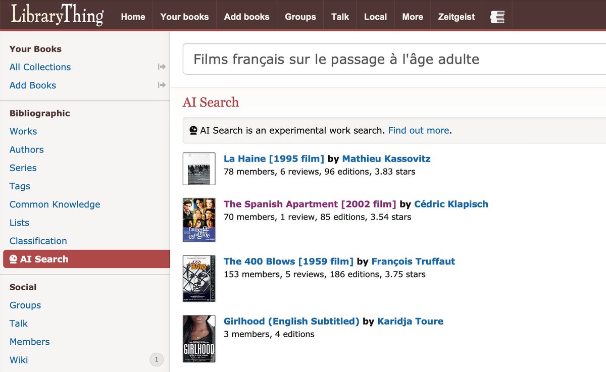 librarythingtim's tweet photo. Fairly bonkers that @LibraryThing's new GPT3-powered book search option handles questions in French, Italian… even Latin natively. It just works out of the box. https://t.co/4KgPYCg8st https://t.co/g3HGVWzhlL