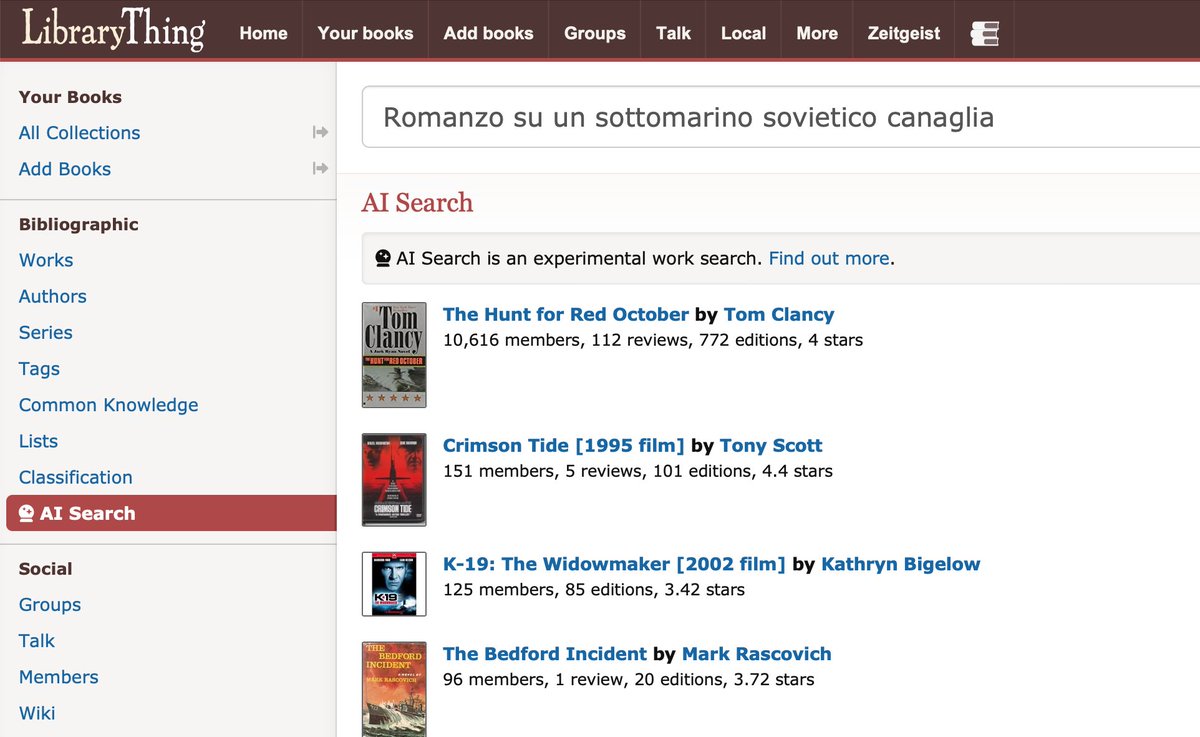 librarythingtim's tweet photo. Fairly bonkers that @LibraryThing's new GPT3-powered book search option handles questions in French, Italian… even Latin natively. It just works out of the box. https://t.co/4KgPYCg8st https://t.co/g3HGVWzhlL