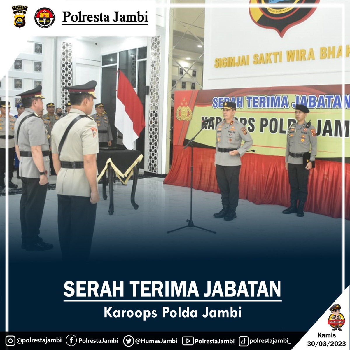 HumasJambi's tweet photo. Update Polresta Jambi
Kapolresta Jambi Menghadiri acara Serah Terima Jabatan Karoop Polda Jambi
Kamis 30 Maret 2023
#damaiindonesia
#polrestajambi
#jambiterkini
#jambiupdate
#jambiviral
#divisihumaspolri
@kapolrestajambi
@Poldajambi1 https://t.co/8rafF5QGWQ