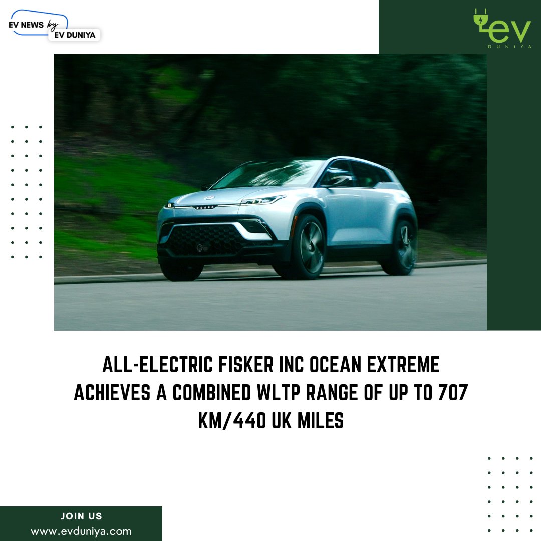 EVduniya's tweet photo. All-Electric @FiskerInc Ocean Extreme Achieves a Combined WLTP Range of up to 707 km/440 UK Miles

For latest news and updates related to EV industry visit our website https://t.co/QrKAa7ilPO

#evnews #electricvehicles #rangeanxiety #evrange #zeroemissions https://t.co/po3JGneGkU