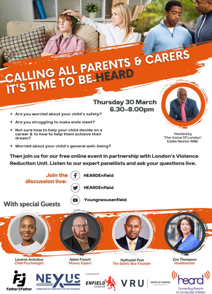RudolphWalkerDA's tweet photo. Remember this event today for all parents &amp; carers hosted by @EddieNestorMBE supported by @HEARDEnfield @NexusEnfield @LDN_VRU https://t.co/Rhg3aCm9pj