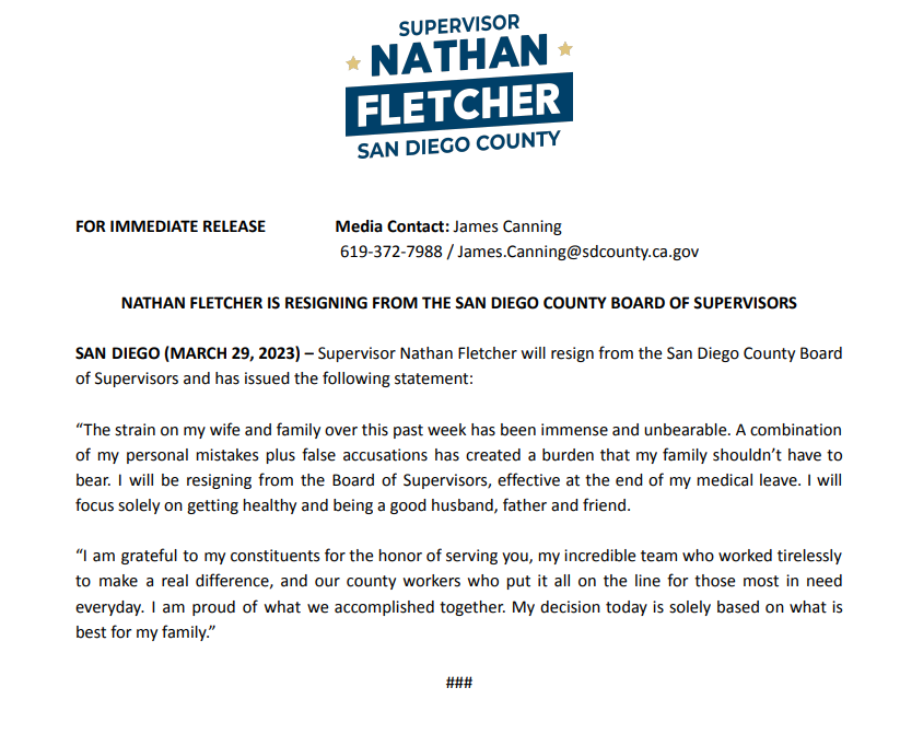 Supervisor Nathan Fletcher will resign from the San Diego County Board of Supervisors. His statement is below:
