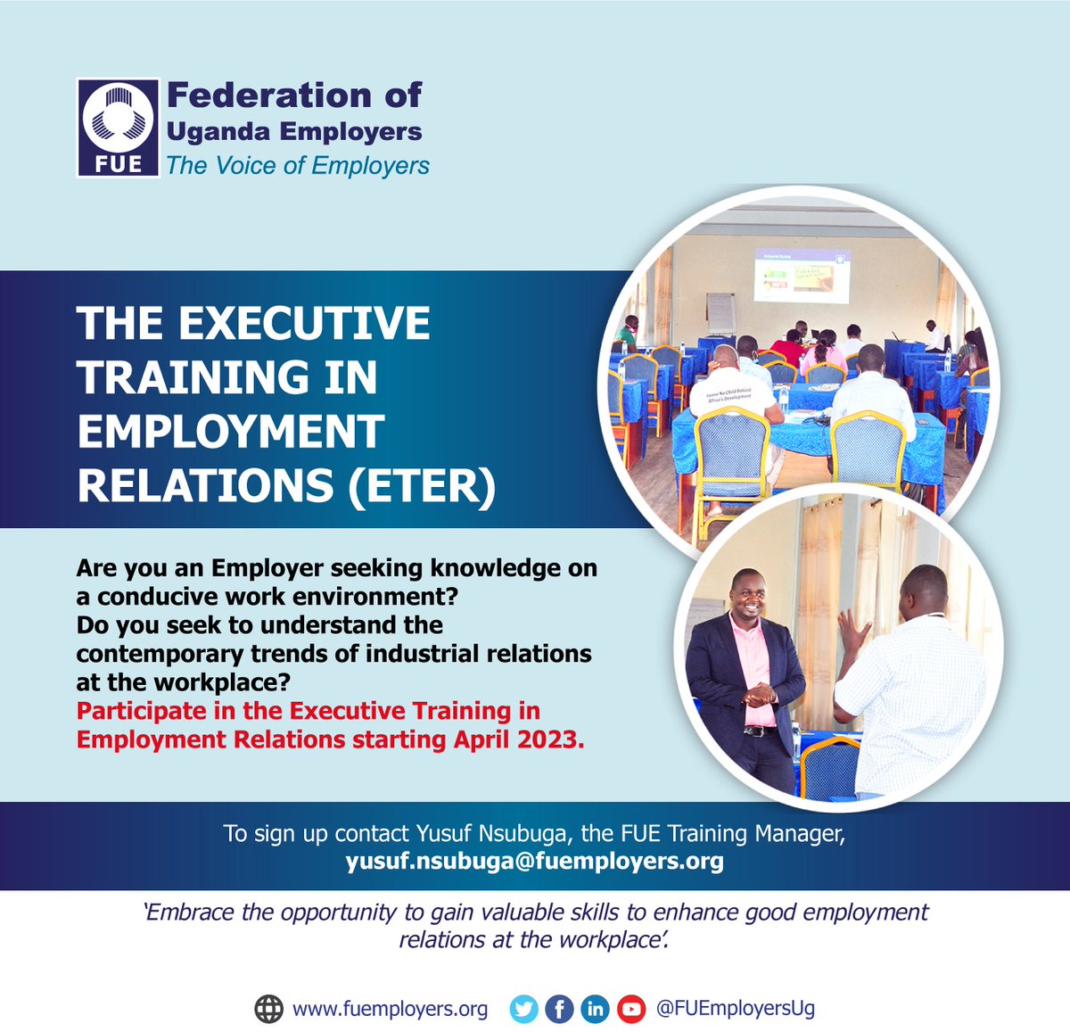 FUE Special Courses!
The Executive Training in Employment Relations (ETER) course offered by FUE in partnership with <a href="/ITCILO/">ITCILO</a> aims to foster a conducive work environment. Sign up today for the ETER 2023 Intake that starts in April. For inquiries contact info@fuemployers.org.