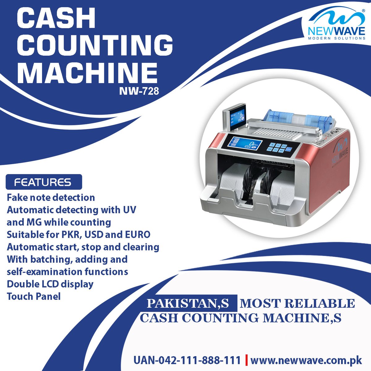 NewWave_MS's tweet photo. INTRODUCING FIRST TIME IN PAKISTAN
FAKE CURRENCY DETECTION WHILE COUNTING
MODEL NO: NW-728
WARRANTY: 1 YEAR PARTS
IF YOU NEED MORE DETAIL SO FEEL FREE TO
CONTACT: 03 111 444 111
UAN-042-111-888-111
https://t.co/5xbY5HEND4
#cash_counting_machine #newwave_ms #currency_counting https://t.co/N941mNxVpe