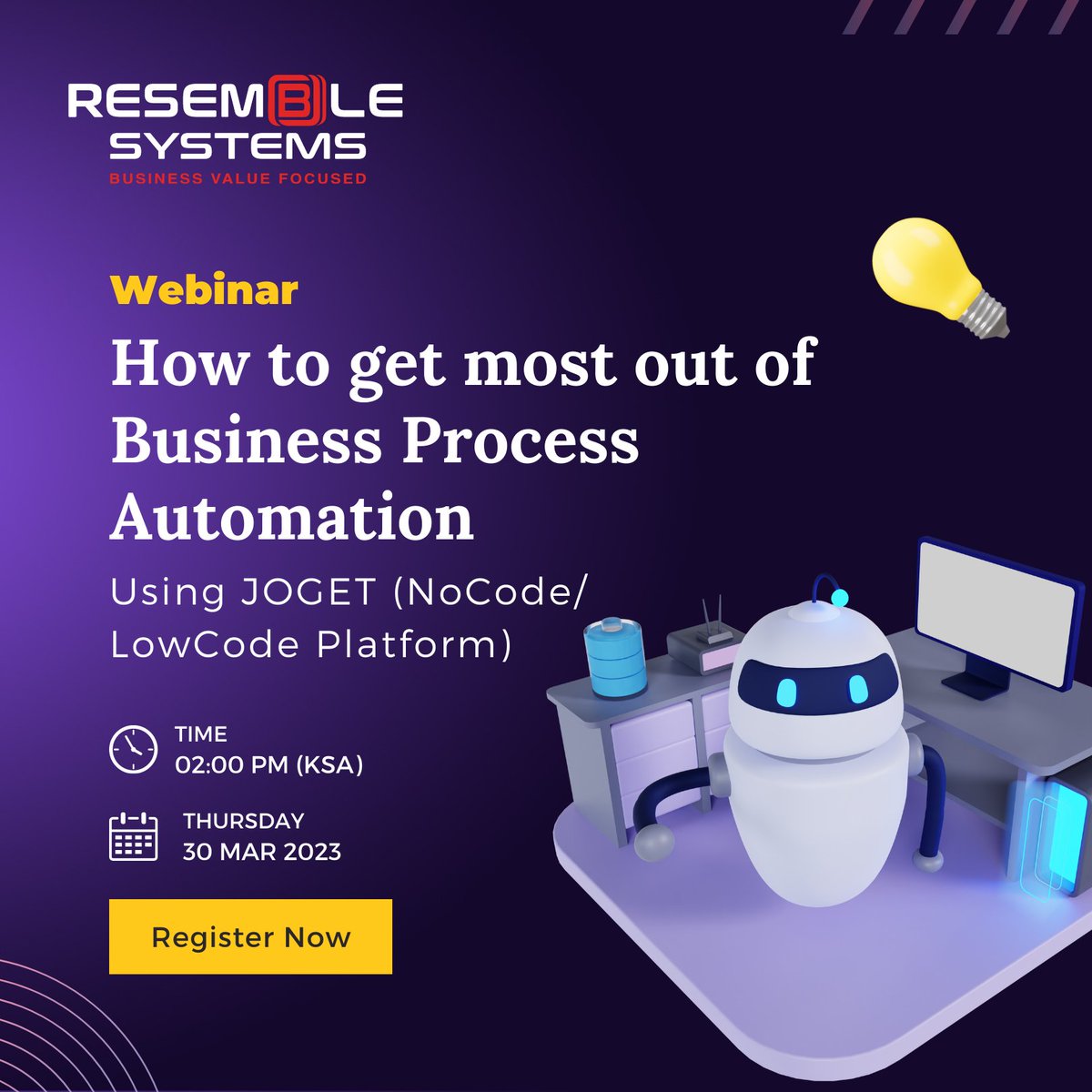 resemblesystems's tweet photo. Don't forget! Our exclusive webinar on "How to Get the Most Out of Business Process Automation Using JOGET" is happening today!
Register now to secure your spot: https://t.co/rxmXCeRTbD
#webinar #webinarreminder #joget #nocode #lowcode #bpa #resemblesystems #saudiarabia https://t.co/h3E4oPYwhJ