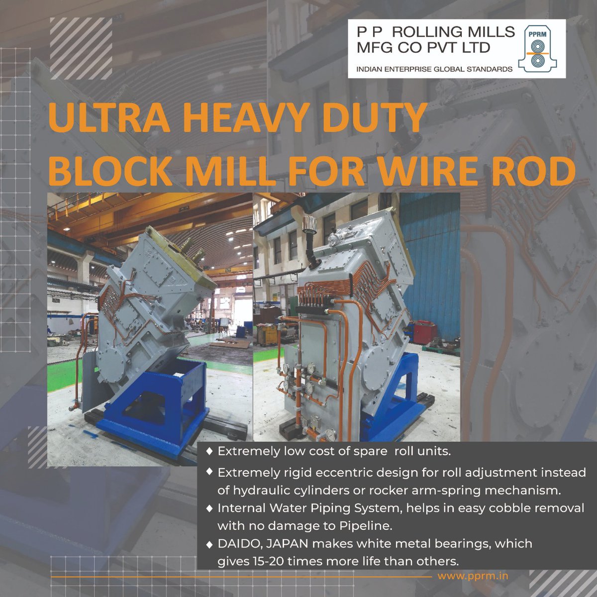 pp_mills's tweet photo. Save big and enjoy unmatched functionality with our ultra-heavy duty #blockmill for #wirerods. Japan-made white metal bearing on both sides and extremely rigid eccentric mechanism for roll adjustment, one few exuberant functionality. Connect with us: - https://t.co/xR8idYS6xe https://t.co/ggfL5RlFMe