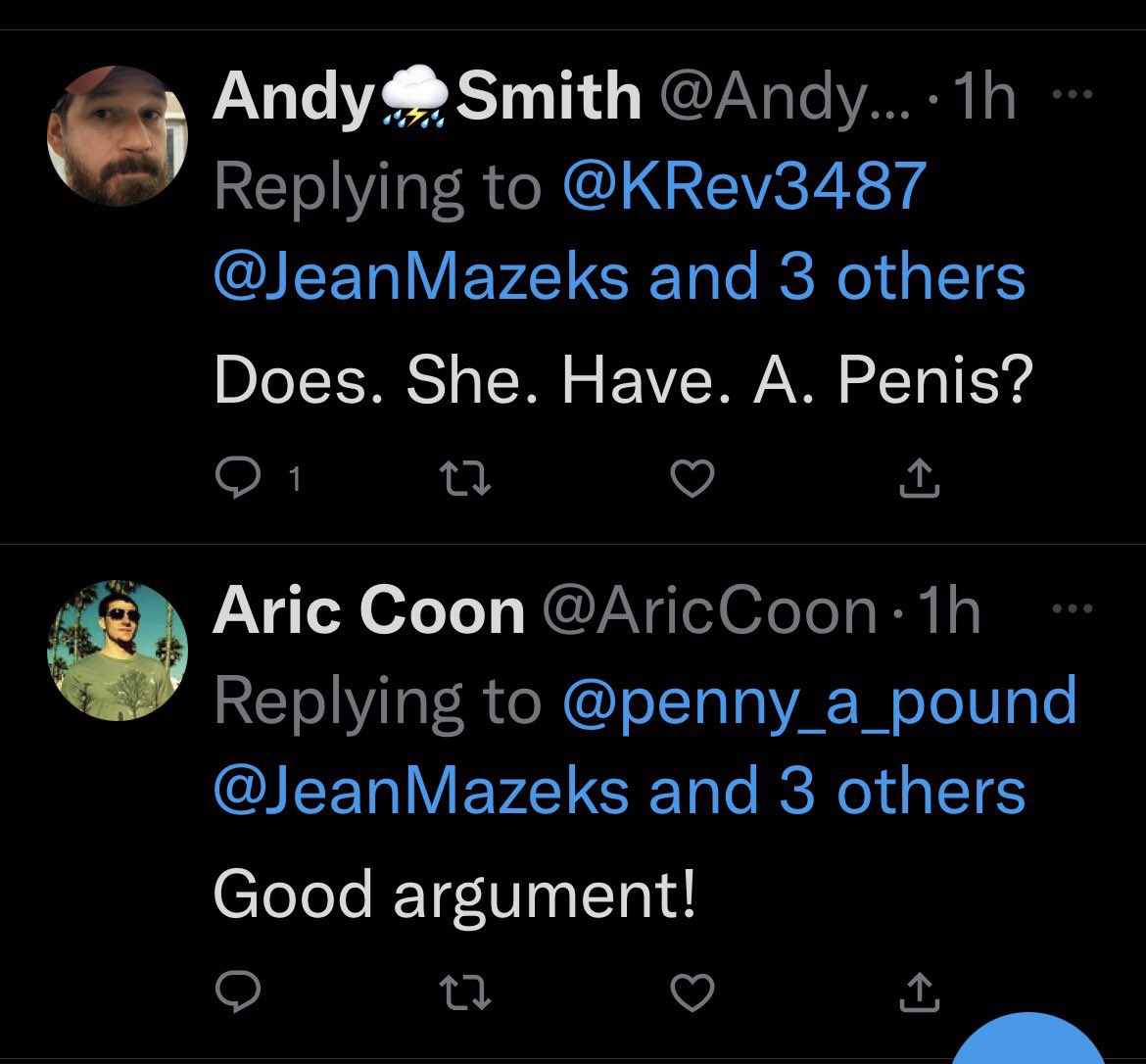 “Does she have a penis” guy is still my all time fav response to a tweet of mine. It makes me feel like I’m in a Ricky Gervais bit.
“I have no idea how male bodies pose a risk to female bodies” guy was a close runner-up for a long time. However we may have a new 2nd place…… https://t.co/jNroBFJy6F https://t.co/wZw6q0vZtk