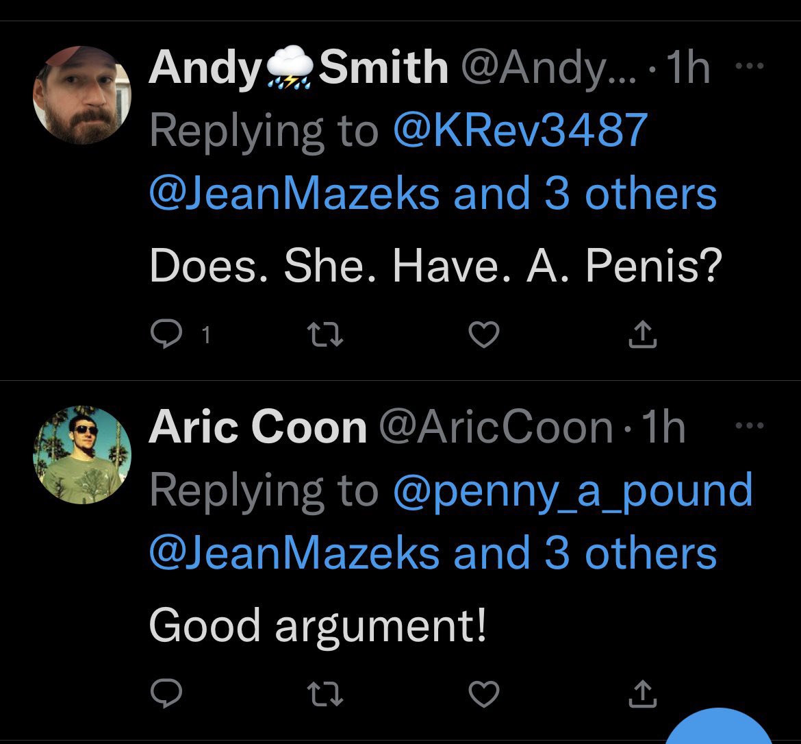 “Does she have a penis” guy is still my all time fav response to a tweet of mine. It makes me feel like I’m in a Ricky Gervais bit. 

“I have no idea how male bodies pose a risk to female bodies” guy was a close runner-up for a long time. However we may have a new 2nd place…… https://t.co/jNroBFJy6F https://t.co/wZw6q0vZtk