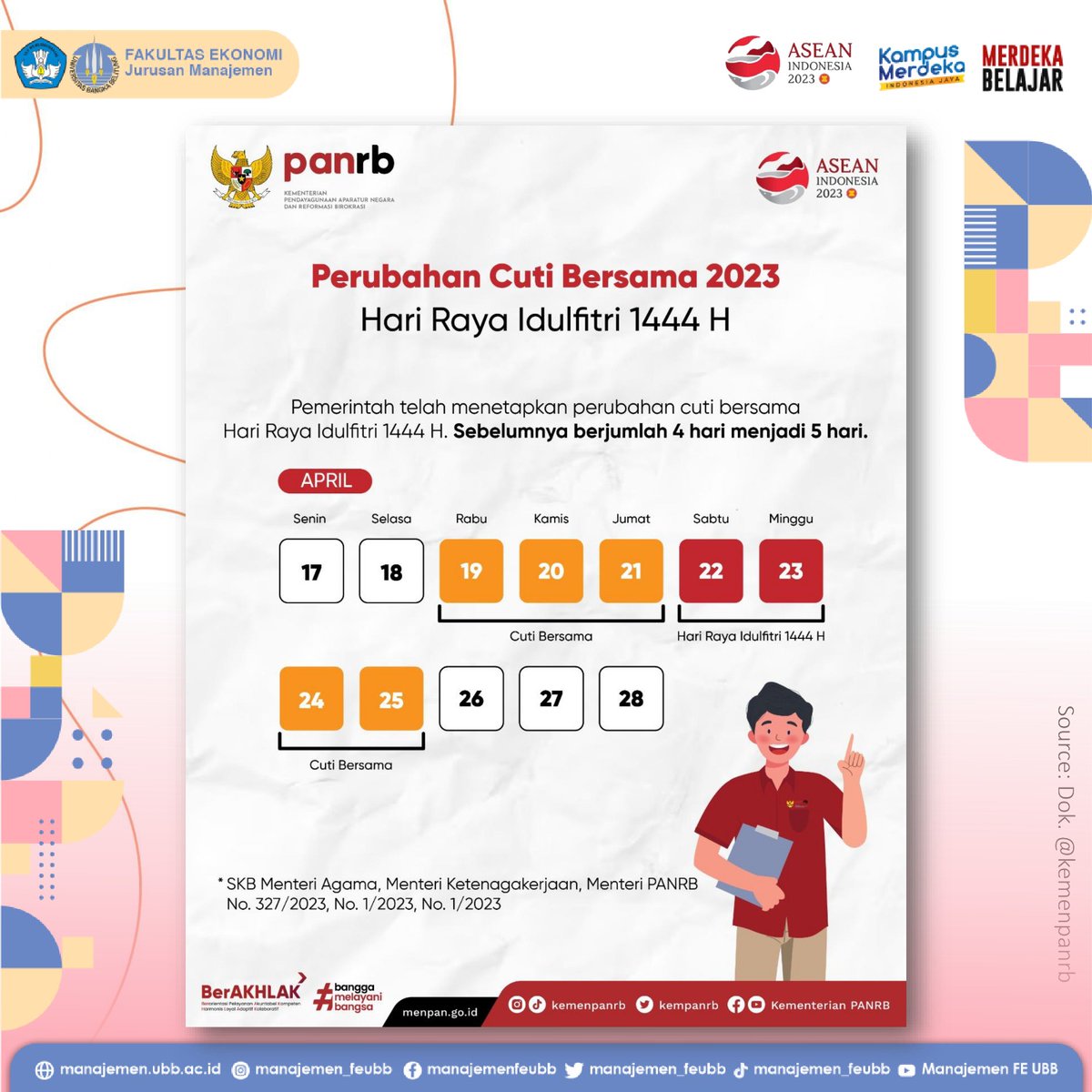 Halo #TemanMamin #RekanASN, pemerintah telah resmi mengubah cuti bersama Idulfitri 1444H menjadi tanggal 19, 20, 21, 24, dan 25 April 2023.

Perubahan dan penambahan cuti bersama ini berawal dari usulan 
@kemenhub151
 agar arus mudik dapat berjalan lancar.