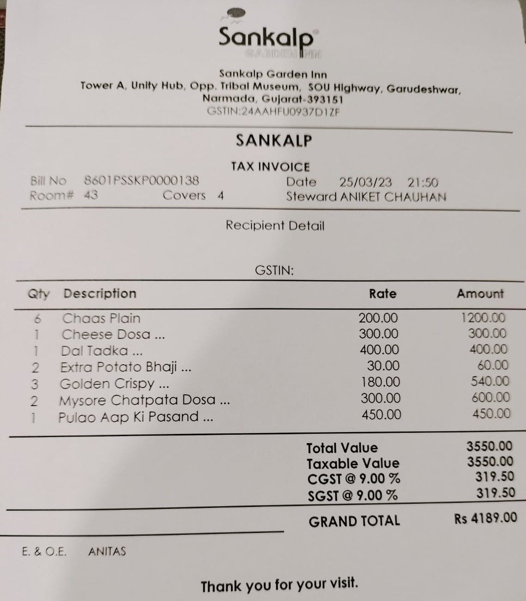isanjaykhatana's tweet photo. સ્ટેચ્યુ ઓફ યુનિટી જાવ તો સંકલ્પ ગાર્ડન ઈન હોટલમાં ન જતા નહિતર ખીચા ખાલી થઈ જશે 

બિલ જોઈ લો છાસના 200 રૂપિયા

#Gujarat #Ahmedabad #StatueOfUnity https://t.co/M0miTxgNbC