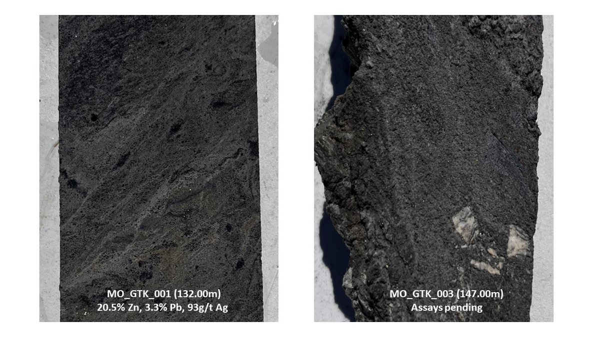 These core photos are taken from holes 100m apart at our 100%-owned Molaoi deposit in Greece. Hole1 has more silica than hole3. Hole3 has more clay, is more friable and contains more clasts than hole1. The two samples have similar sulphide content. #Molaoi #Rockfire #zinc #silver