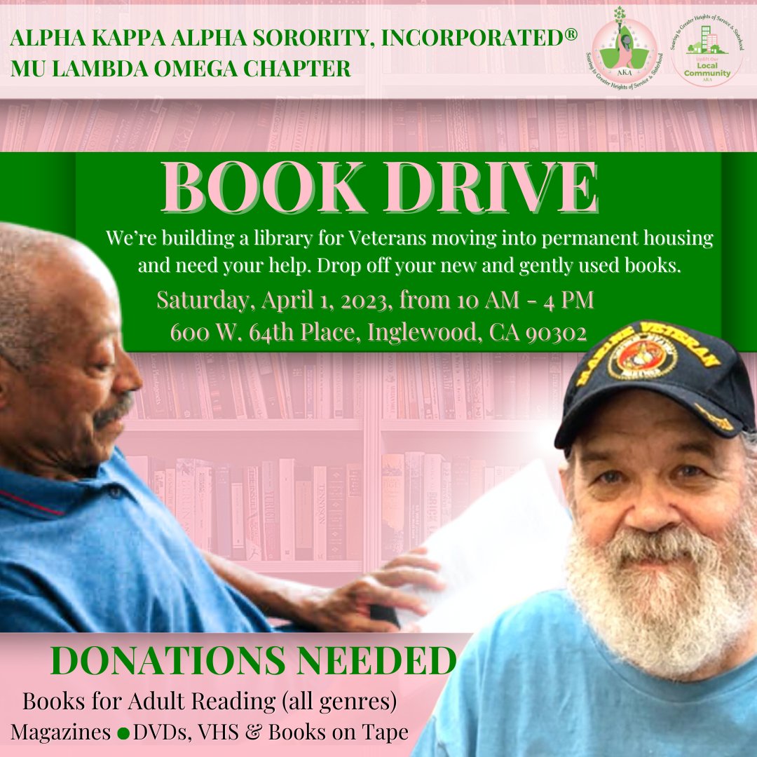 MLOAKA's tweet photo. It's almost time!  MLO is hosting a Book Drive on Saturday, April 1, from 10am-4am.  Come drop off your new and gently used books and more to support Veterans moving into permanent housing.
#aka1908 #akafwr #akamlo #mloaka  #upliftourlocalcommunity #bookdrive #veterans https://t.co/uMKrMS5nyP