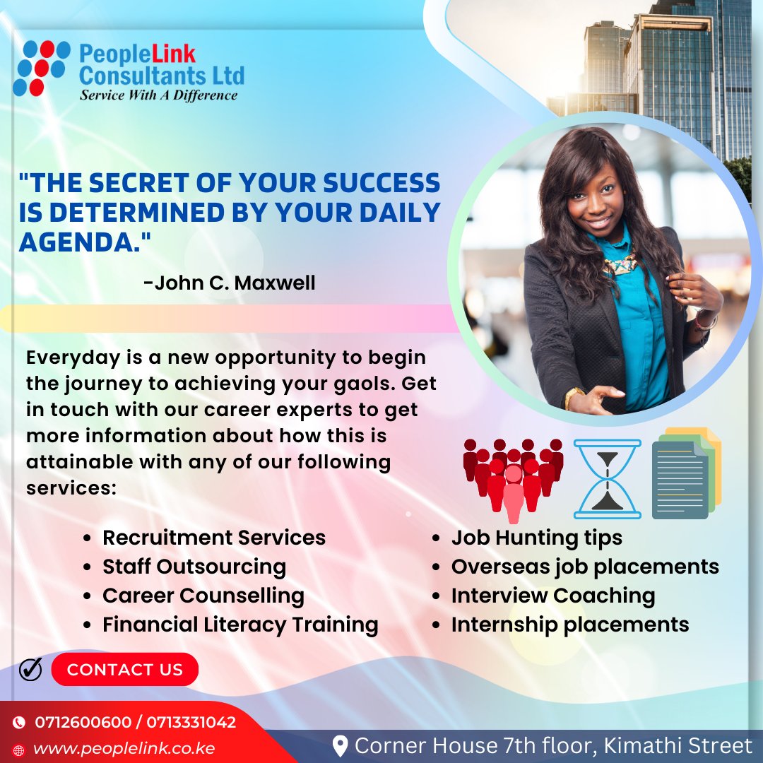 PeopleLinkLTD's tweet photo. We shape CAREERS and BUILD successful people in the society.
Join our community.
#jobs #jobalert #job #jobvacancy #jobopenings
 #jobopportunities2023 #Peoplelink #managementjobs #highpayingjobs #overseasjobs #kenyantrends #kenyansincanada #kenyansineurope https://t.co/QIS9jBvhgr