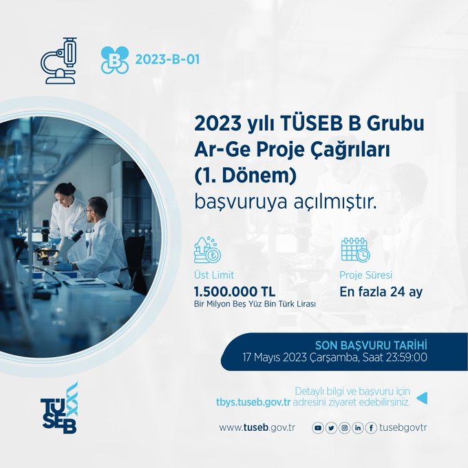 atlastto's tweet photo. 2023 yılı TÜSEB B Grubu Ar-Ge Proje Çağrıları               
(1. Dönem) başvuruya açılmıştır. 
Son Başvuru Tarihi 17.05.2023, Saat:23.59.00 
Detaylı bilgi ve başvuru için https://t.co/fQoXBG7d89 adresini ziyaret edebilirsiniz. https://t.co/gDRlYkrXQo