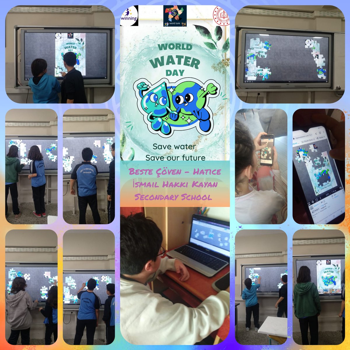 Okulumuz 5C ve 6A sınıfı öğrencileri Word+ture adlı eTwinning projesi kapsamında Web 2.0 araçları kullanarak Dünya Su Günü ile ilgili yapboz çalışması gerçekleştirdiler.
