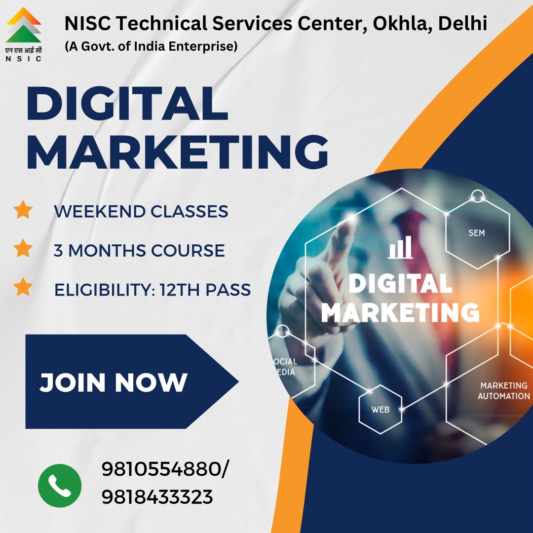 Looking to boost your career prospects in the digital marketing? Announcing admission open for weekend digital marketing course,ideal for students to update their skills. Duration 3 months + 1 month practical. To know more contact: 9871955535
#JobOrientedCourses #SkillDevelopment