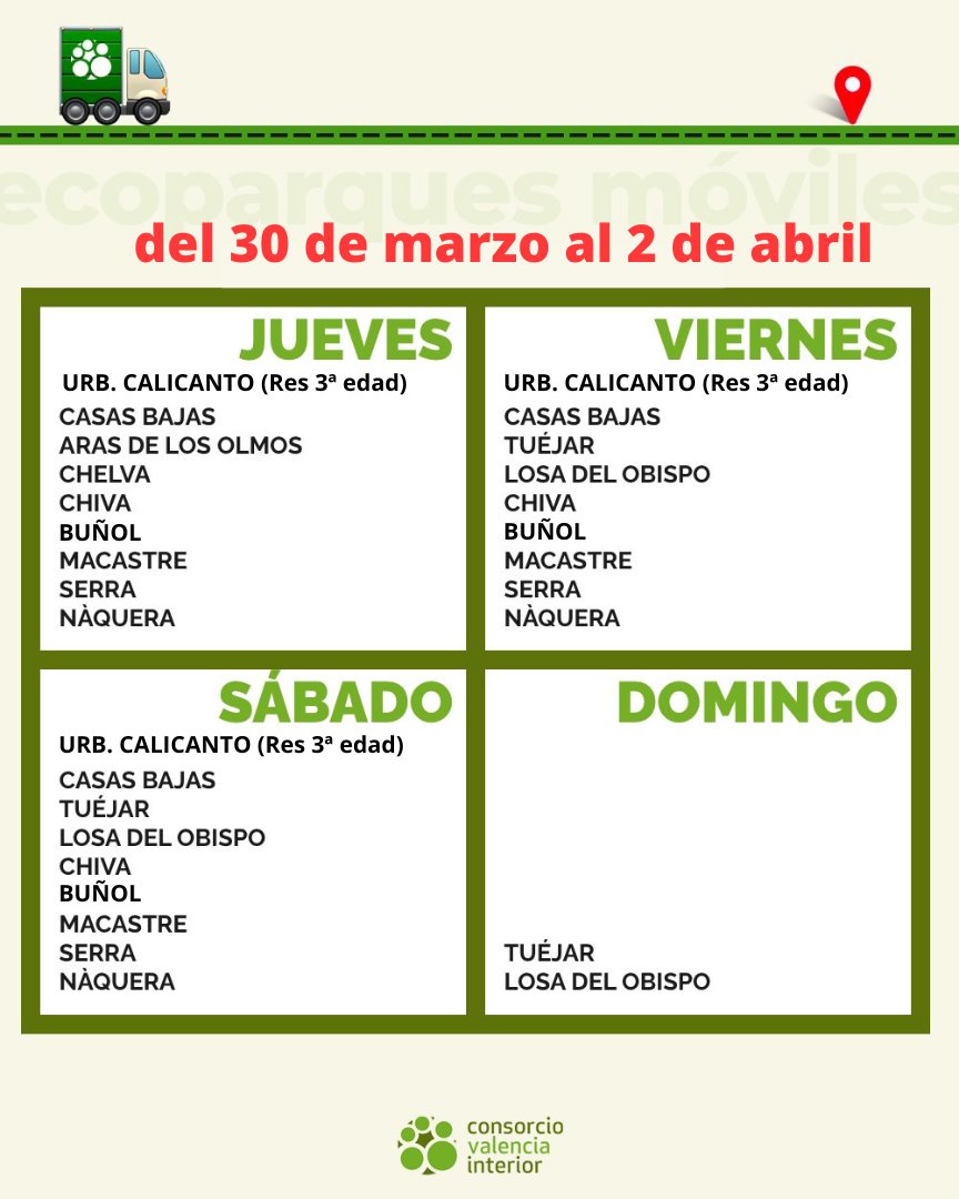 🚛 De jueves a domingo, #ecoparques móviles en
• J-V-S→ #CasasBajas, #Chiva, #Buñol, #Macastre, #Serra, #Nàquera, #Calicanto (Res. 3ª edad)
• J→ #ArasdelosOlmos, #Chelva
• V-S-D→ #Tuéjar, #LosadelObispo 💚
¿Reciclas? 😃 ℹ️