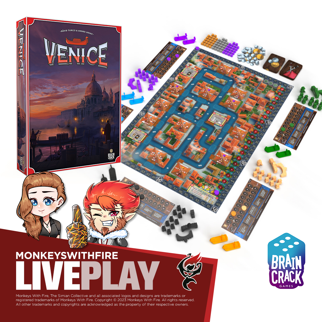 On tonight's show, we ride the Venetian canals, competing for contracts and leveraging influence, in an economic game of pick-up &amp; deliver and worker placement, as we play VENICE from <a href="/BraincrackGames/">Braincrack Games 🎲</a>. 🚣‍♂️💰 #monkeyswithfire #boardgames #tabletopgames
