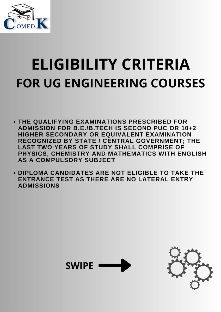 COMEDK_official's tweet photo. Comedk Eligibility Criteria for UG Engineering Courses Entrance exam -2023
For Further Updates refer our website https://t.co/KS2WAtd8xO

#karnatakacollege #BE
#entranceexam #btech
#engineering #admission https://t.co/0WtVnqqpua