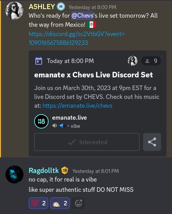 "No cap, it for real is vibe" - <a href="/ragdolltk/">ragdolltk</a> 

Thanks for describing what #web3 #music lovers will feel in the live set on <a href="/EmanateOfficial/">EmanateOfficial</a> discord at 9pm EST March 30th.

You don't want to miss out on the best indie-rock live set in history. Join us here

discord.gg/zc2VtbGV?event…