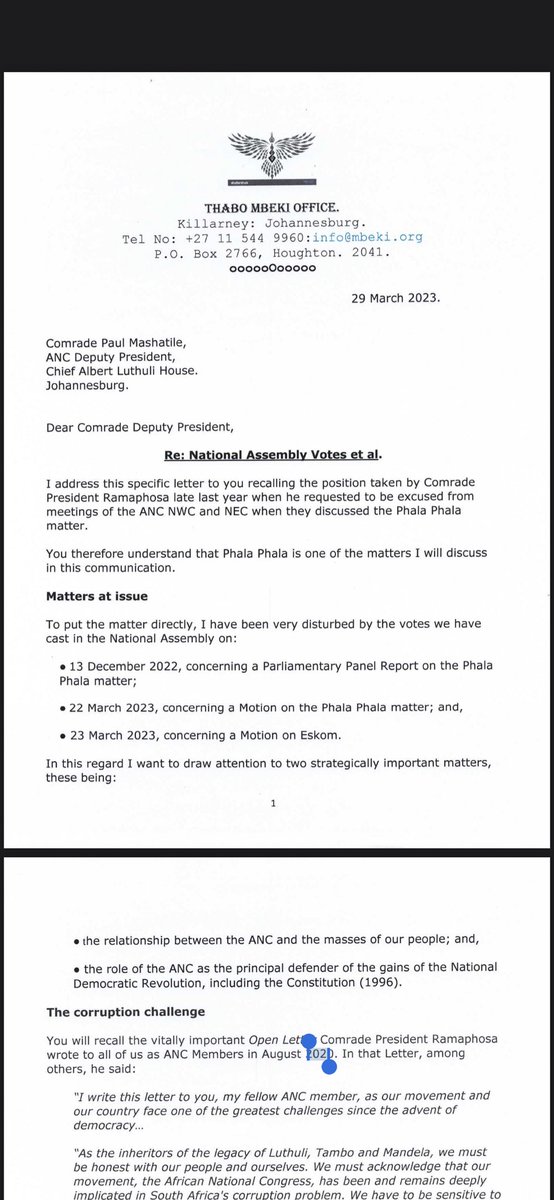 Constitution_94's tweet photo. 🔴MBEKI CALLS FOR RAMAPHOSA TO BE DEALT WITH 🔴

Dear Comrade Paul Mashatile, 

I am unhappy that you guys in Parliament voted according to your mandate to kill the Phala Phala matter. 

I would have preferred that you should have voted according to mine, by dealing with Cyril https://t.co/04Fmqe0sx2