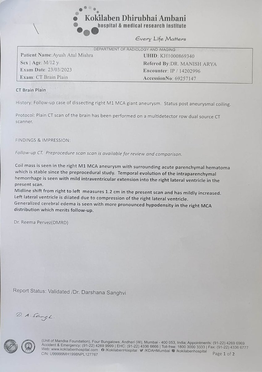 UpadhyaySumitkr's tweet photo. @tweetbeinghuman 
Dear team, we seek your support for my nephew Aayush 12yr old is fighting with brain aneurysm in kokilaben hospital Andheri. Huge expenses is expected to get it cure. Also he lost father passed away last year. Request you to pls support us on priority. https://t.co/oUXCcRW83B