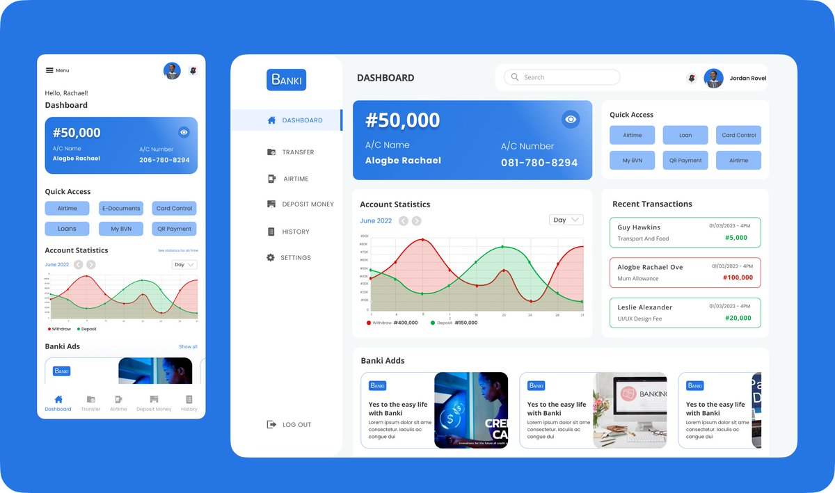 alogbe_rachael's tweet photo. I decided to design a fintech web app called Banki. This is the dashboard. Don't forget that I am very available for entry level role/ internship opportunity for product design/(UI/UX) design.#tech4dev #opentojob #opentowork #uiux #webapp #opentoopportunities #hiring #fintech https://t.co/0UOqXo2sBk