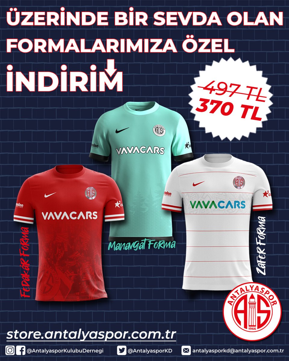 AntalyasporKlb's tweet photo. 📢 Üzerinde bir sevda olan formalarımıza özel indirim!
👕 #FedakârForma, #ManavgatForma ve #ZaferForma indirimli fiyatı ile Antalyaspor Store mağazaları ve online store'da şimdi sizleri bekliyor.
🔗 https://t.co/GcxslQjao6
#Antalyaspor
#EnBüyükAntalyaspor https://t.co/1zURB1gCeP