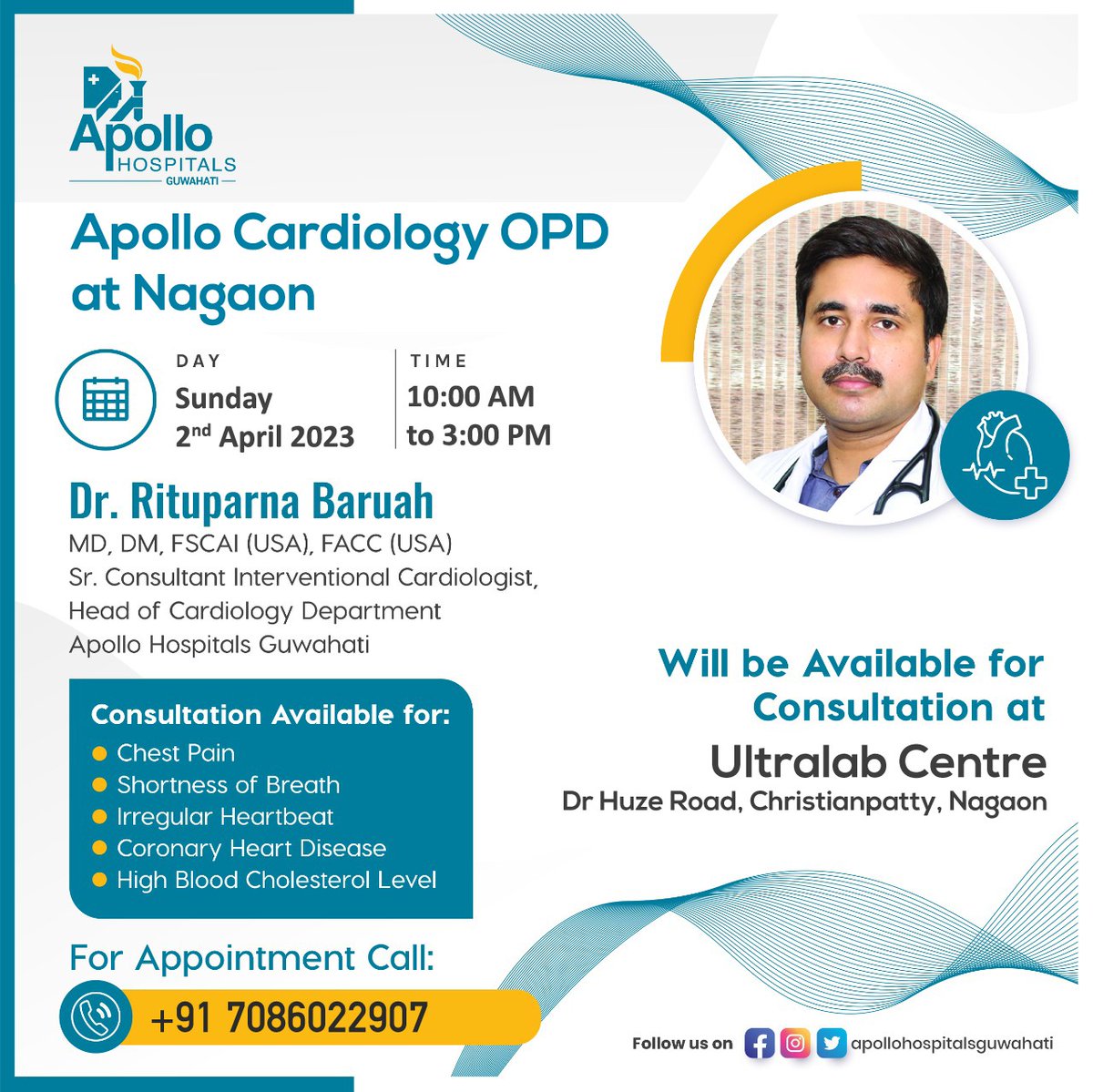 ApolloGuwahati's tweet photo. Apollo Cardiology OPD at #Nagaon
Dr. Rituparna Baruah, Consultant Interventional Cardiologist Apollo Hospitals Guwahati will be available for consultation.
#ApolloHospital #apollohospitalsguwahati #Cardiology #Apollodoctors #healthcheckup #doctor #health #healthcheck #assam https://t.co/x2FlbXLC78