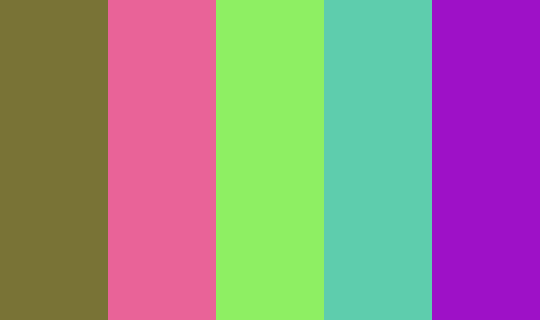 palette_gen's tweet photo. Dub 
 #797336 #e96398 #8eef63 #5ecdad #9e11c7 https://t.co/0UgOgKfQ62