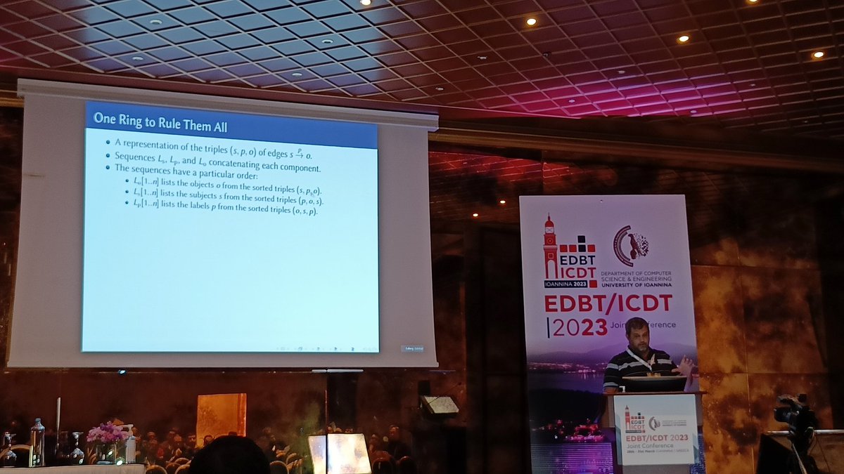 Kuzeko's tweet image. Today @edbticdt2023 starts with Gonzalo Navarro presenting compact data structures to help with worst case optimal join and a use case in graph pattern matching in #SPARQL