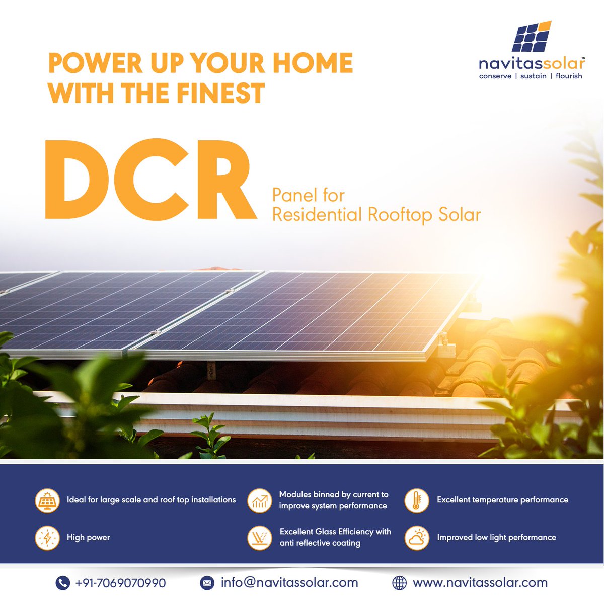 SolarQuarter's tweet image. Looking for Domestic Content Requirement (#DCR) solar panels for your home's rooftop?  
For more details,
Visit us at:navitassolar.com
Write to us at: info@navitassolar.com
Call us at +91 70690 70990
#NavitasSolar