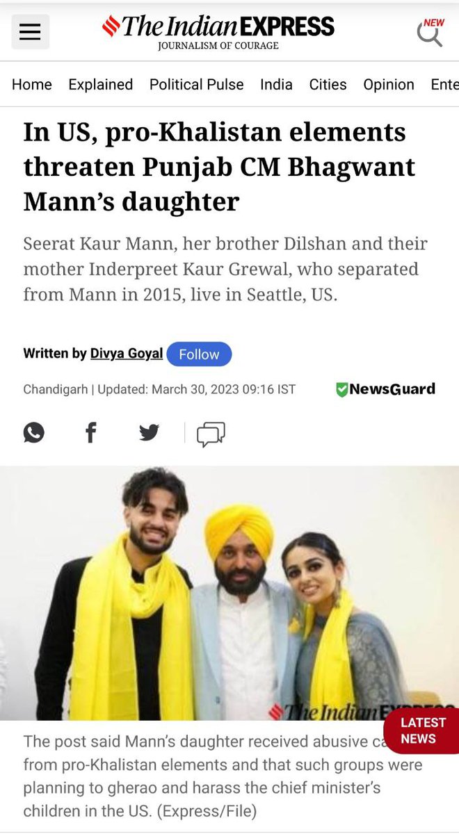 In US, pro-Khalistan elements have threatened Punjab CM Bhagwant Mann’s daughter.

Indian Express has reported that, Bhagwant Mann's daughter has recieved threats calls from pro-Khalistanis, and have abused her using extremely derogatory words. 

And it has been alleged that a…