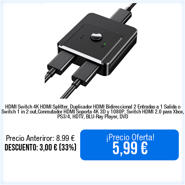 WebPromociones's tweet photo. 🛒📦⬇️Ver en Amazon⬇️📦🛒
https://t.co/7nvPAVfYwT
HDMI Switch 4K HDMI Splitter, Duplicador HDMI Bidireccional 2 Entradas a 1 Salida o Switch 1 in 2 out,Conmutador HDMI Soporta 4K 3D y 1080P, Switch HDMI 2.0 para Xbox, PS3/4, HDTV, BLU-Ray Player, DVD https://t.co/S5mmNkQRKt