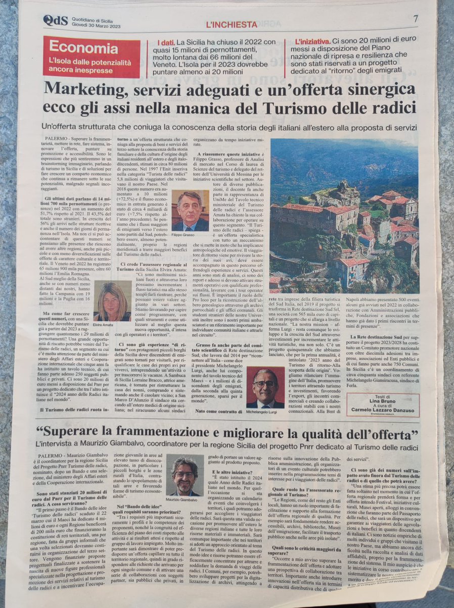 lurgi_m's tweet photo. Oggi in prima pagina sul Quotidiano di Sicilia.

Grazie al coordinamento regionale del programma Ritorno in Italia 2023 2028 e alle attività presentate a Il FORUM: Turismo e Destinazioni dal Prof. Filippo Grasso 

#ilforumturismoedestinazioni #ritornoinitalia20232028
#ReteDestSud https://t.co/H22uON6c32