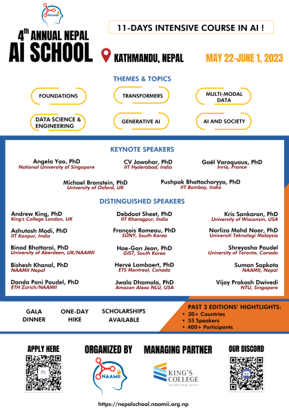 BisheshKhanal7's tweet photo. Learn AI from top scientists &amp; profs for 11 days in #KTM. 
Great opportunity for engineers &amp; students in Asia/beyond!
https://t.co/Jj49taEBBY

Please share; hope youths won't miss the opportunity!

#AI  @kundadixit @ameetdhakal @RONBupdates @ekantipur_com @Online_khabar @setopati https://t.co/jNjMrQ0DMB