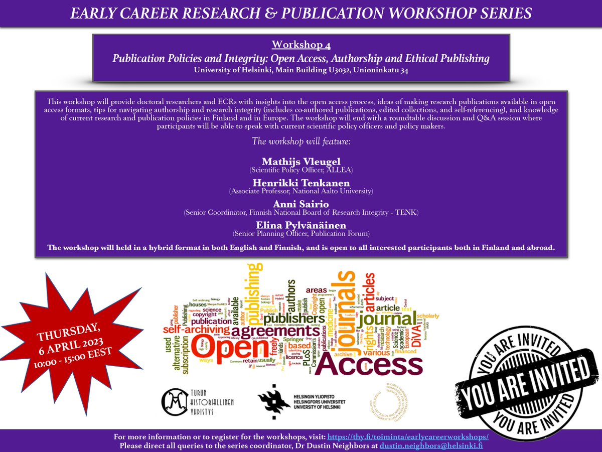 Historyboy30's tweet photo. Next week's @thy_tku workshop (6 Apr) is on open access/science, authorship &amp; research integrity/ethics, &amp; feat @MathijsVleugel, @tenkahen, @annisairi, @et_pylvanainen. @johannaskurnik &amp; I hope you will join us! Register by 4 April. Open to all. Info at: https://t.co/wvYyJpbKCO https://t.co/TH7gwUveF0