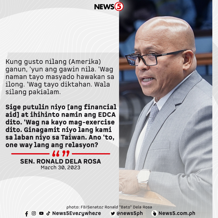 News5PH's tweet photo. "IHIHINTO NAMIN ANG EDCA DITO"

Ito ang hamon ni Sen. Bato Dela Rosa sa Amerika matapos muling ihain sa kanilang Kongreso ang panukalang itigil ang pagbibigay ng tulong-pinansiyal sa Pilipinas kung hindi pa rin mareresolba ang mga kaso ng human rights sa bansa. #News5 https://t.co/h5Zd3ZpyMn
