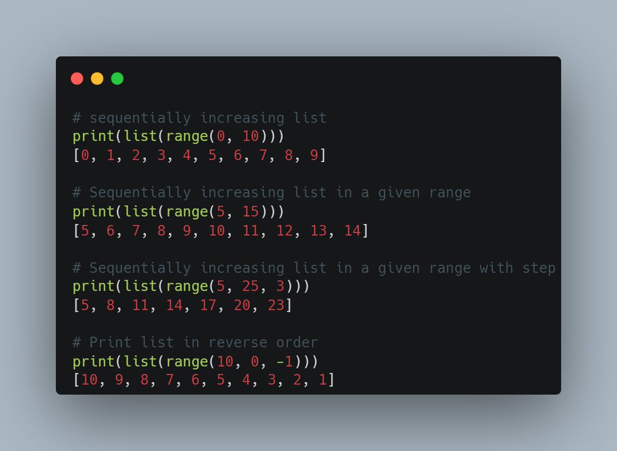 #Python tip

👉 One liner code for list creation with sequential values

In this example  have directly printed the values but it can also be stored in a variable as follows

my_list = list(range(20))
