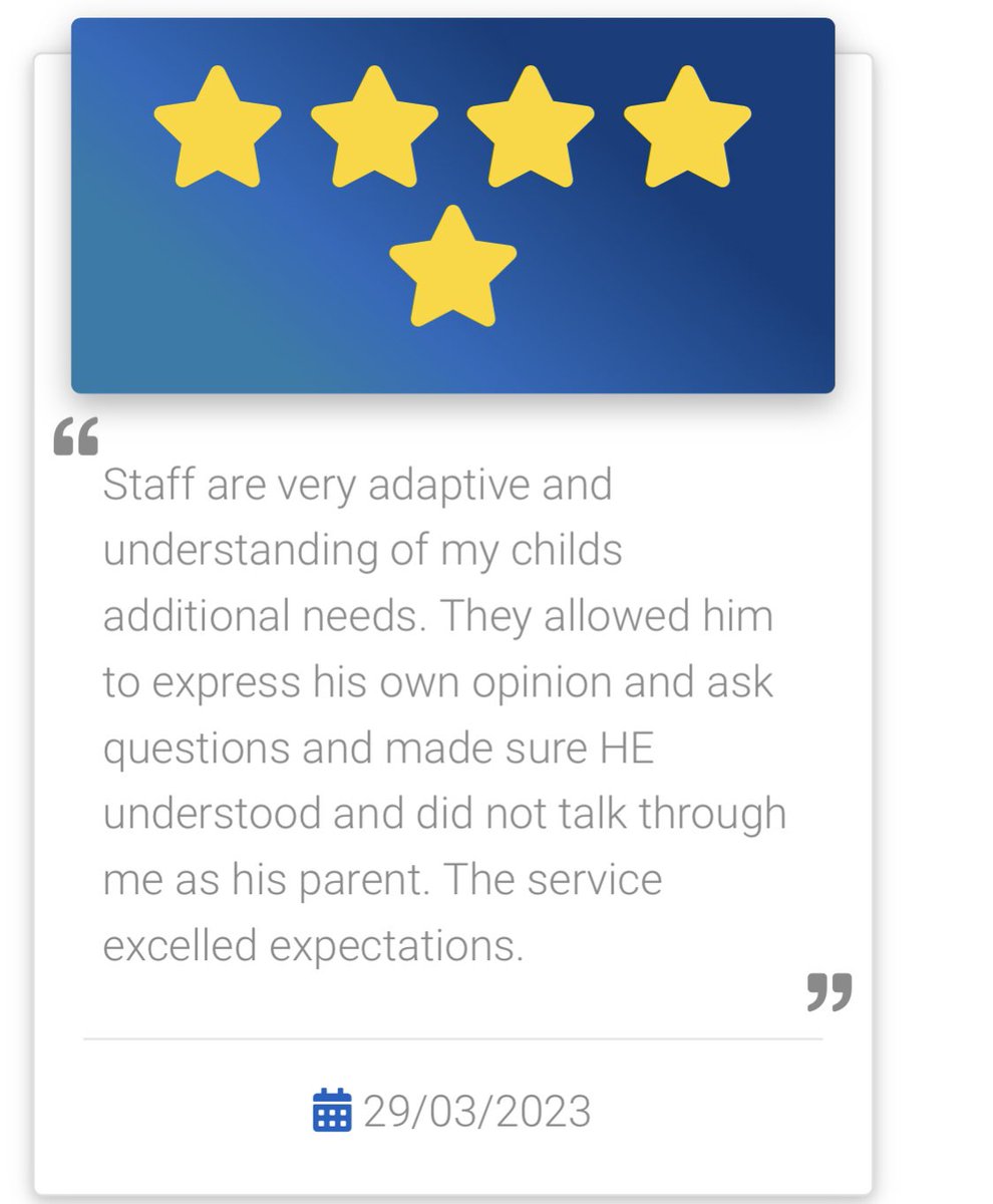 PUhmbt's tweet photo. Staff are very adaptive and understanding of my childs additional needs. They allowed him to express his own opinion and ask questions and made sure HE understood and did not talk through me as his parent. ⭐️⭐️⭐️⭐️⭐️ @32Children @claretwiggpeckh @UHMBT @YouthBayVision https://t.co/4WDCpSV4nJ