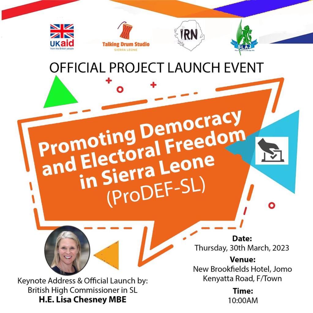 tdssalone's tweet photo. The British High Commissioner to 🇸🇱 @LisaJChesney will officially launch the #ProDEF project today implemented by @tdssalone, @IRNSalone and @SLAJ_Salone.
This project will contribute to peace promotion messaging and voter education for peaceful and #democratic #elections in 🇸🇱. https://t.co/a39ebycdia