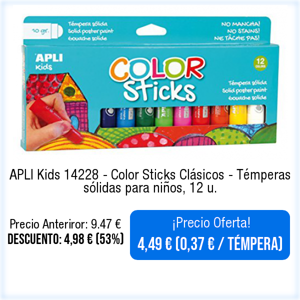 WebPromociones's tweet photo. 🛒📦⬇️Ver en Amazon⬇️📦🛒
https://t.co/Tj36RIqx9q
APLI Kids 14228 - Color Sticks Clásicos - Témperas sólidas para niños, 12 u. https://t.co/suJjBJb440