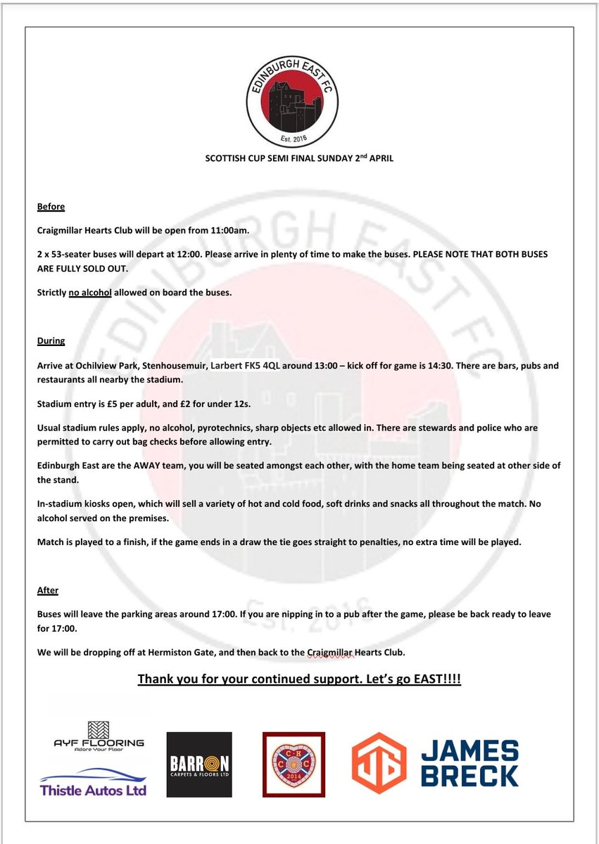 Scottish Cup semi final weekend. Two buses are now completely SOLD OUT.  Thanks for your continued support. ❤️🖤