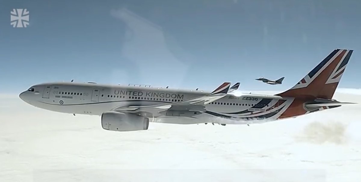airlivenet's tweet photo. The Royal Air Force A330 carrying King Charles III has been escorted by Luftwaffe Eurofighter jets https://t.co/Nb8WjHyluF https://t.co/xTRoQ7fV1M