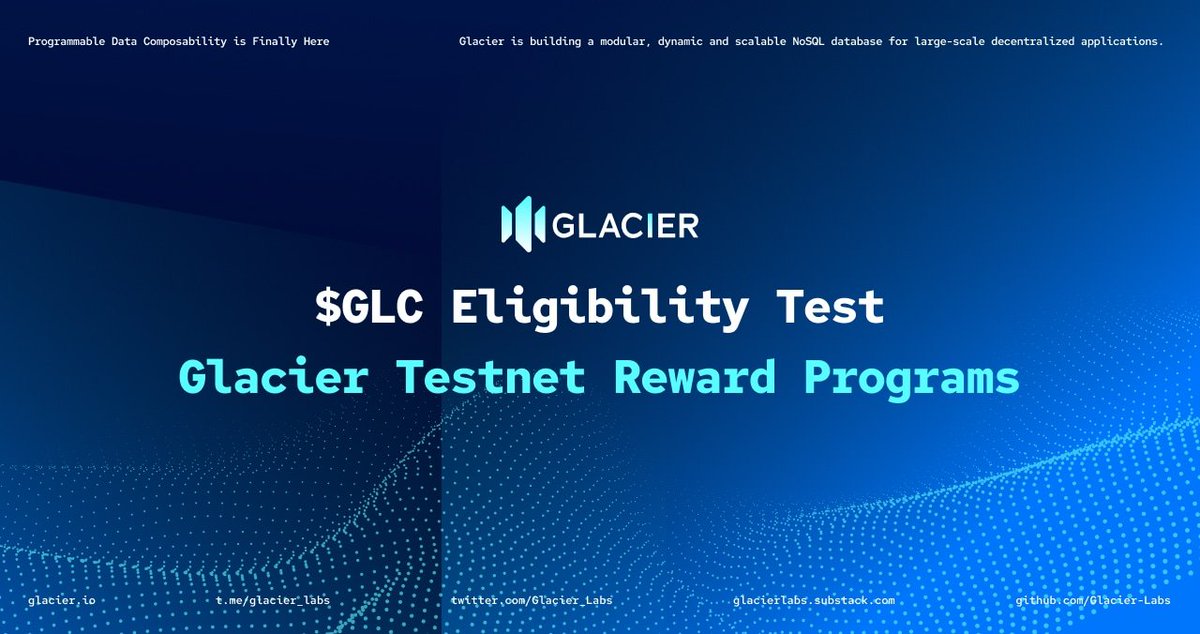 🪂 Join Glacier Testnet &amp; Earn $GLC Tokens #Airdrop 🧵

<a href="/Glacier_Labs/">Glacier Network 🧊 $GLS</a> is building a modular, dynamic and scalable #NoSQL database powered by #zkRollup 

Don't Skip it and be an Early user, Check Full thread🧵👇

♥️Like &amp; Retweet🔁LFG🚀
✔ Join us on TG: t.me/GNairdrop