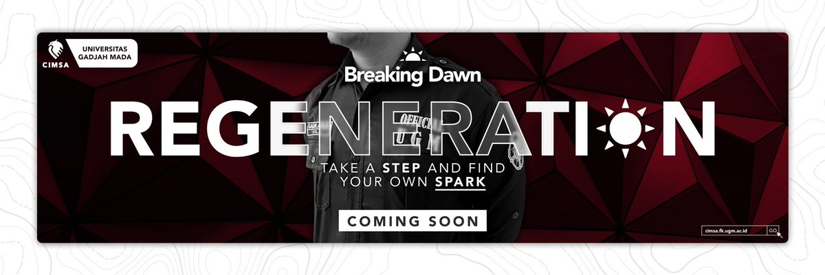 [CIMSA UGM OFFICIALS' REGENERATION
2023]

Every sunset brings the promise of a new dawn. CIMSA UGM Officials 2022-2023 are setting. Prepare yourself to be the new source of light.

#FindYourOwnSpark

CIMSA
Empowering Medical Students
Improving Nation's Health