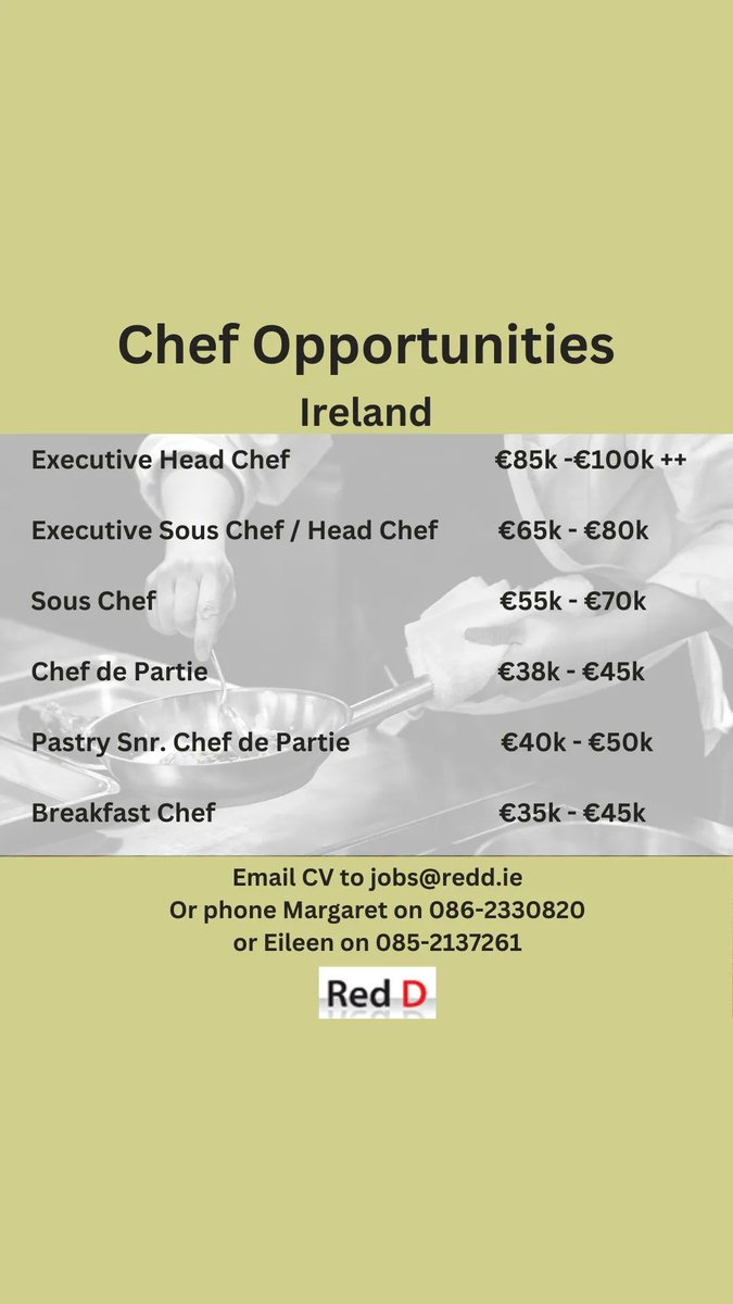 Red D have multiple exciting Chef Opportunities in Ireland!

#chefjobs #chefjobsireland #culinaryjobs #headchef #executiveheadchef #souschef #chefdepartie #breakfastchef #redd #reddrecruitment #reddjobs #irishjobs