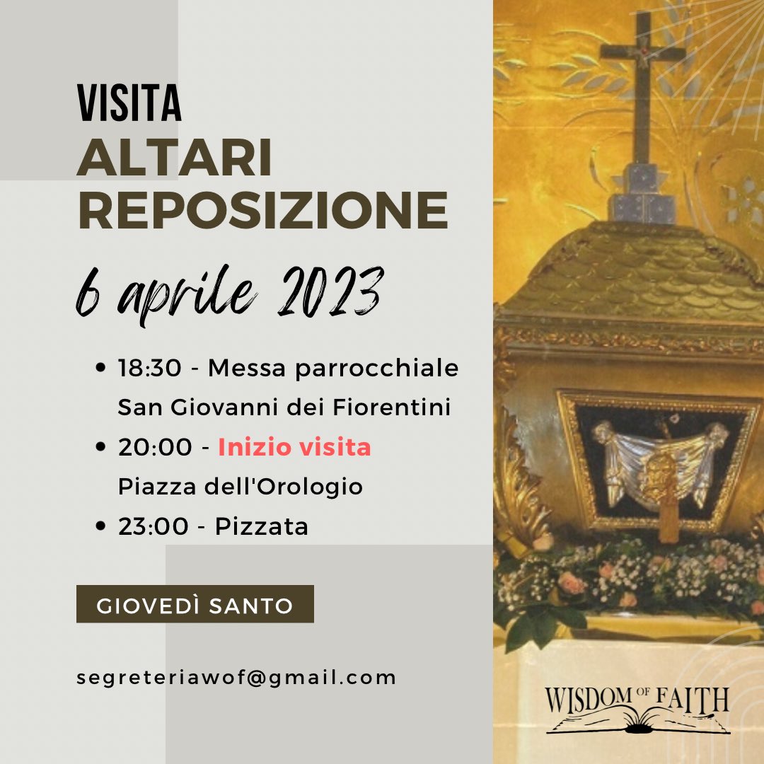 wisdom_faith1's tweet photo. โก๏ธ Altari #Reposizione โฌ
๏ธ
โVisita agli #altari della Reposizioneโ
๐ 6 aprile 2023
๐ 18:30 - Messa parrocchiale
๐ 20:00 - Inizio visita
๐ 23:00 - Pizzata
โน๏ธ Info: segreteriawof@gmail.com https://t.co/tgQLwt3ciy