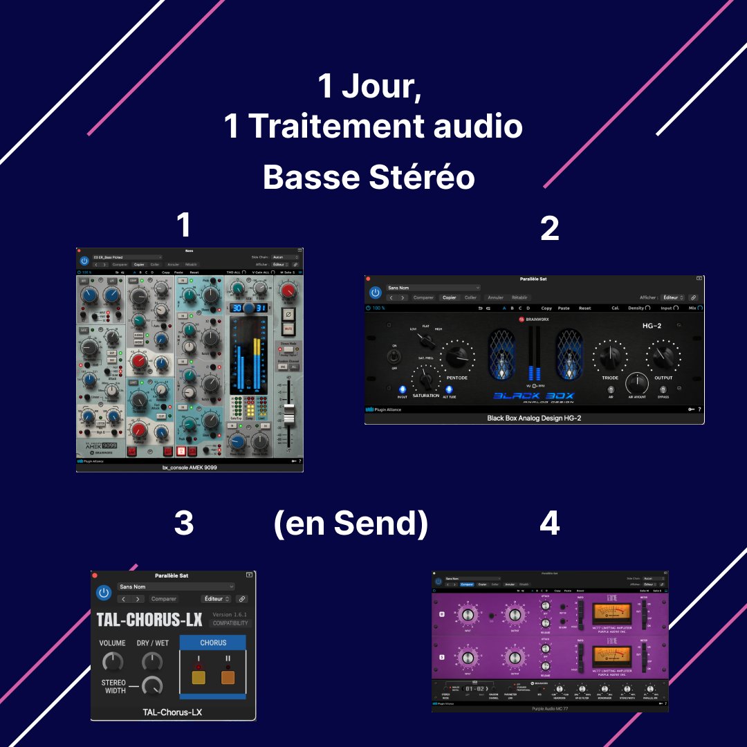 Angelstyle_prod's tweet photo. Notre 4eme jour est consacré aux traitements de la : Basse Stéréo

Tous un sujet, cependant, elle apporte beaucoup d'avantage.
Afin d'élargir la basse, positionner un chorus en send avec une petit compression M/S afin de contrôler la stéréo, en évitant de faire de la hors-phase. https://t.co/9G5uu9rAmU
